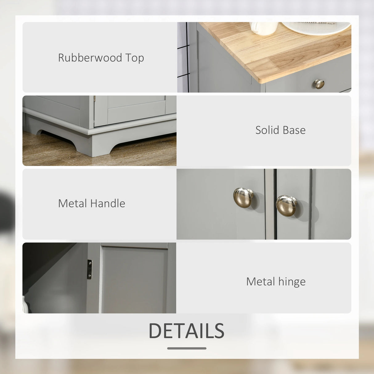 HOMCOM Sideboard with Rubberwood Top and Adjustable Shelves for Dining Room, Kitchen - Grey