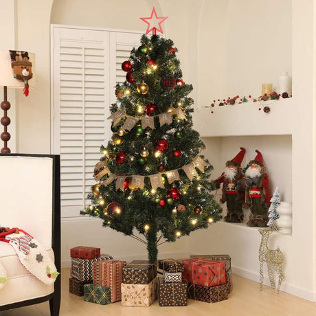 HOMCOM 6ft Pre-Lit Xmas Tree with Decorations, Green, Red and Warm White