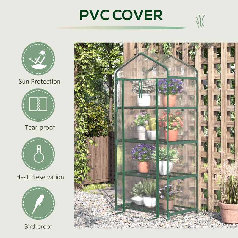 Outsunny 4 Tiers Mini Portable Greenhouse Compact Plant Grow Shed Metal Frame Transparent Clear Cover 160H x 70L x 50Wcm