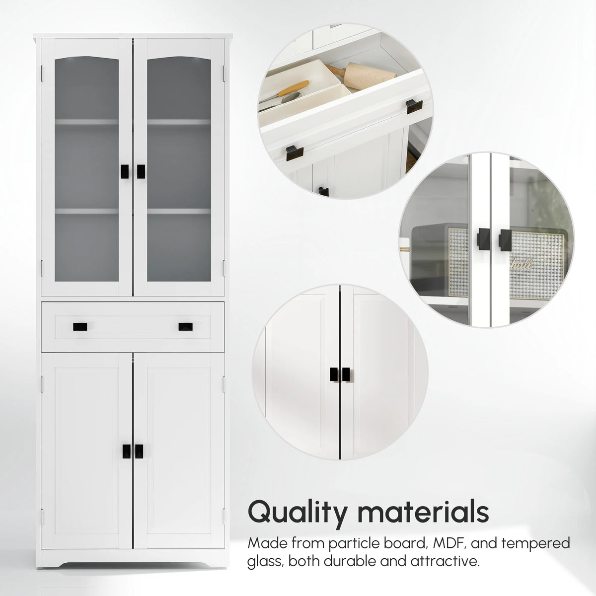 HOMCOM Kitchen Cupboard, Freestanding Storage Cabinet with 2 Adjustable Shelves, Drawer and Glass Door for Living Room, Dining Room, 160cm, White