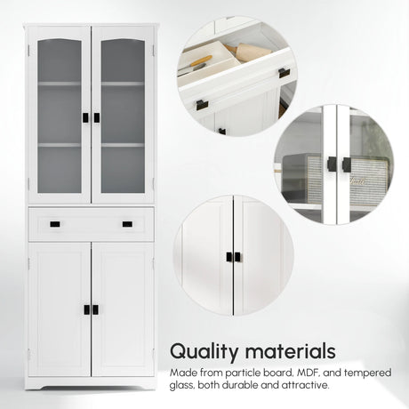 HOMCOM Kitchen Cupboard, Freestanding Storage Cabinet with 2 Adjustable Shelves, Drawer and Glass Door for Living Room, Dining Room, 160cm, White