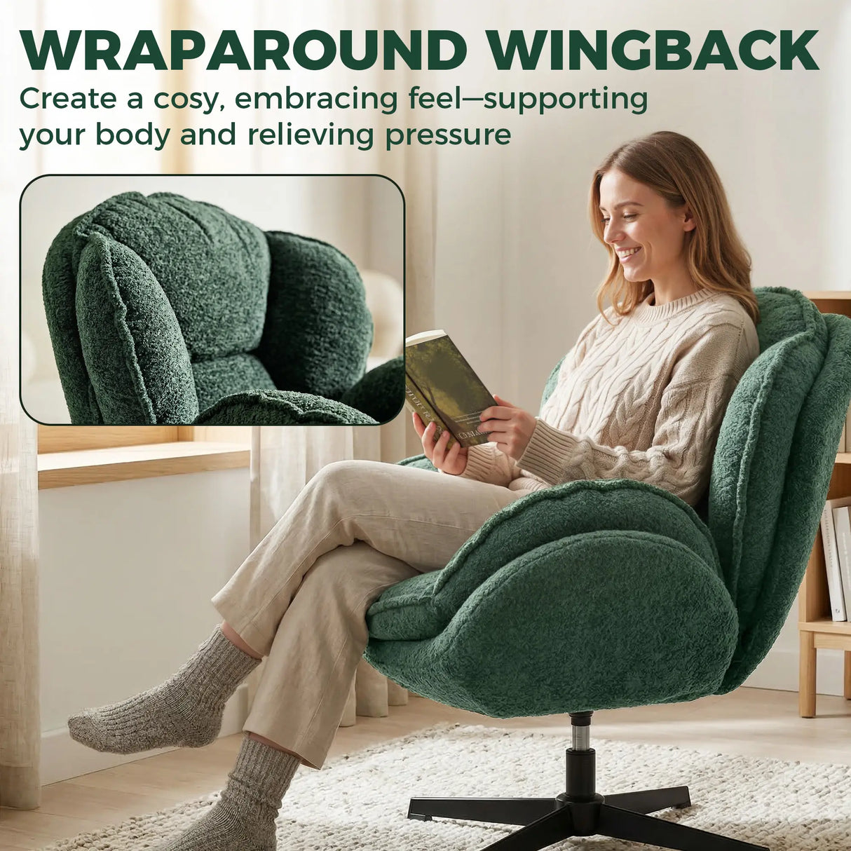 HOMCOM Modern Wingback Accent Chair, Velvet Armchair with Four-Star Base, S-Springs, Swivel, Dark Green