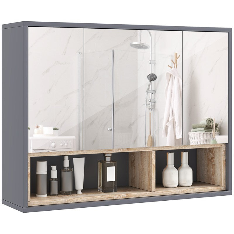 HOMCOM Bathroom Mirror Cabinet, Wall Mounted Bathroom Cabinet with Mirror, 3 Doors and Cupboards, Grey