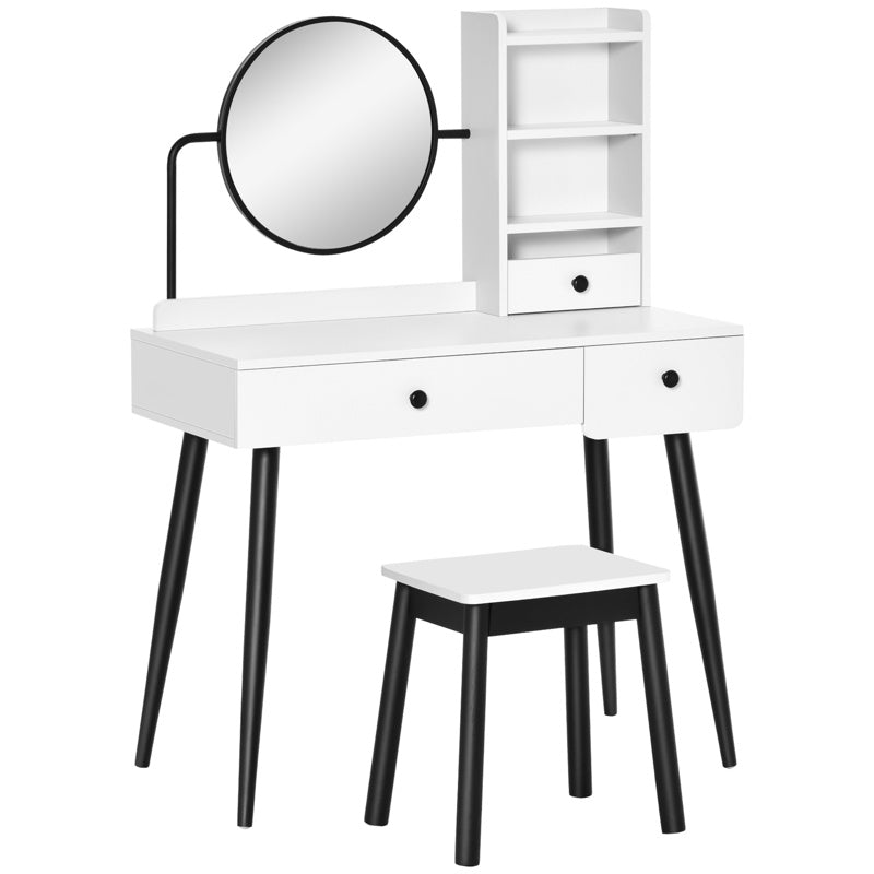 HOMCOM Dressing Table Set with Mirror and Stool, Vanity Makeup Table with 3 Drawers and Open Shelves for Bedroom, Living Room, White