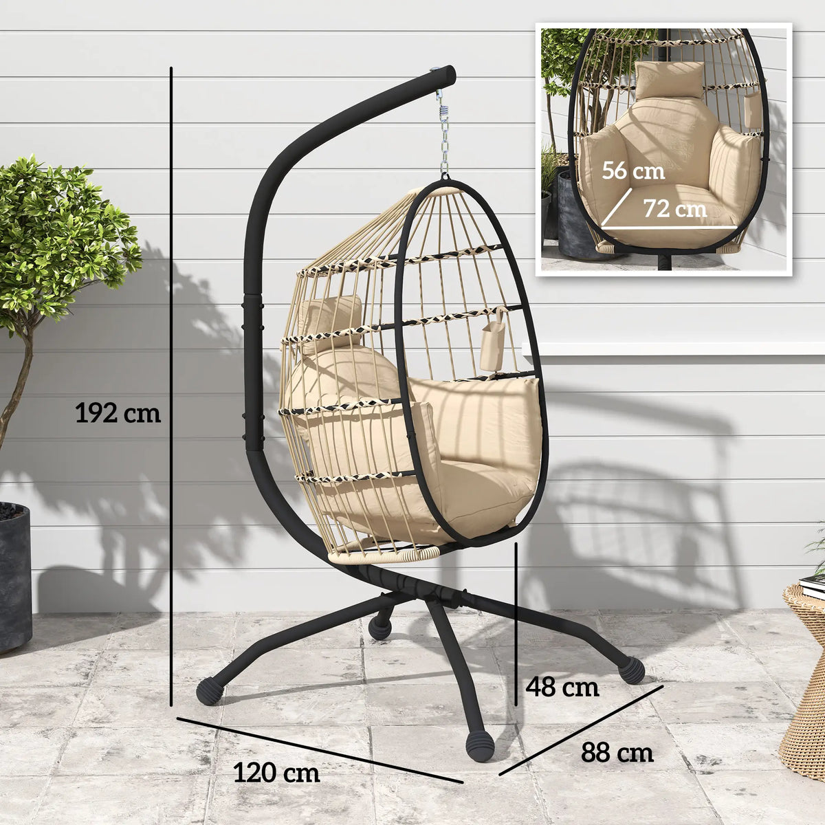 Outsunny Hanging Egg Chair Outdoor Indoor Garden Swing Chair with Folding Basket and Thickened Cushion, Garden Hanging Chair with Stand, Headrest, Cup Holder for Patio, Balcony, Khaki