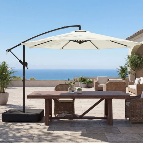 Outsunny 3 m Garden Cantilever Parasol with Cross Base, Sandbag, 360 Rotating Overhanging Banana Umbrella, Cream White