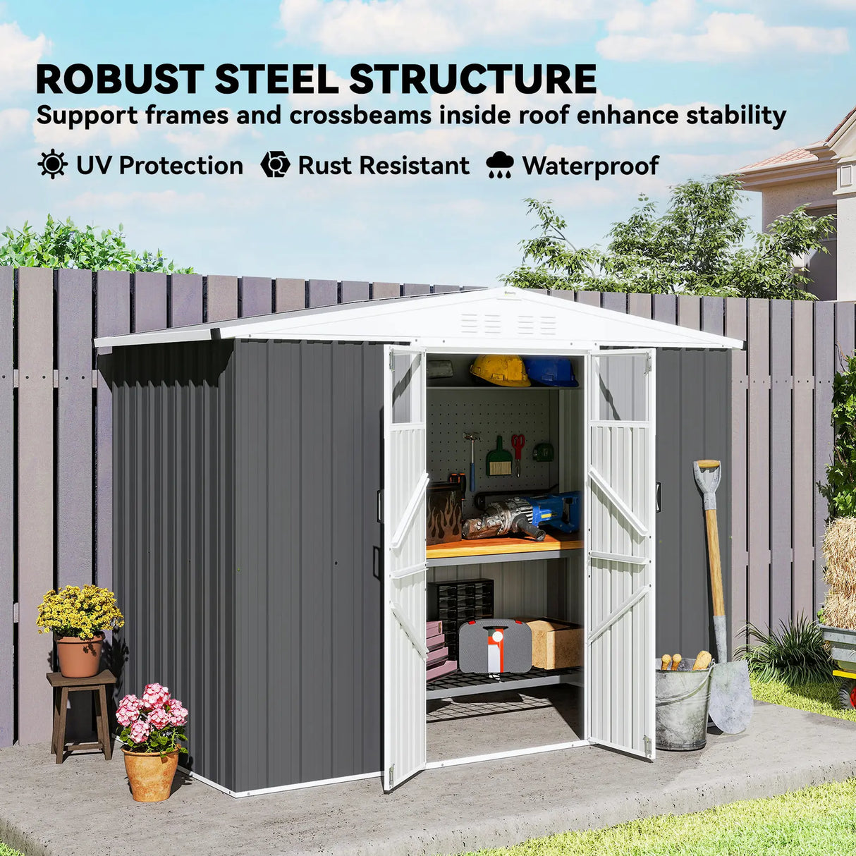 Outsunny 8 x 4 ft Metal Garden Shed, Garden Storage Shed with Window, 4 Vents and Lockable Door, Waterproof Galvanised Steel Tool Storage Cabinet, Dark Grey