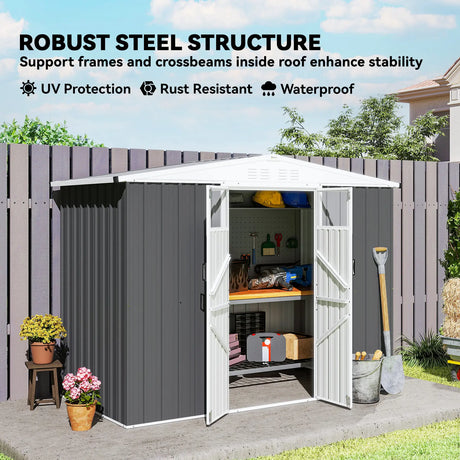 Outsunny 8 x 4 ft Metal Garden Shed, Garden Storage Shed with Window, 4 Vents and Lockable Door, Waterproof Galvanised Steel Tool Storage Cabinet, Dark Grey