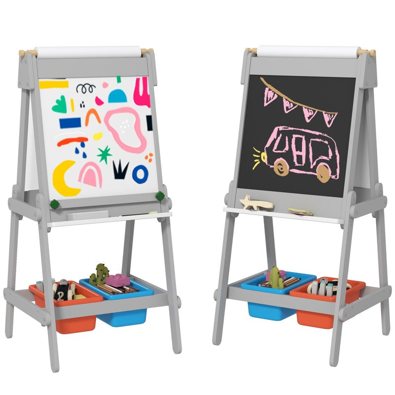 AIYAPLAY Art Easel for Kids with Paper Roll, Double Sided Painting Easel with Chalk Board, White Board