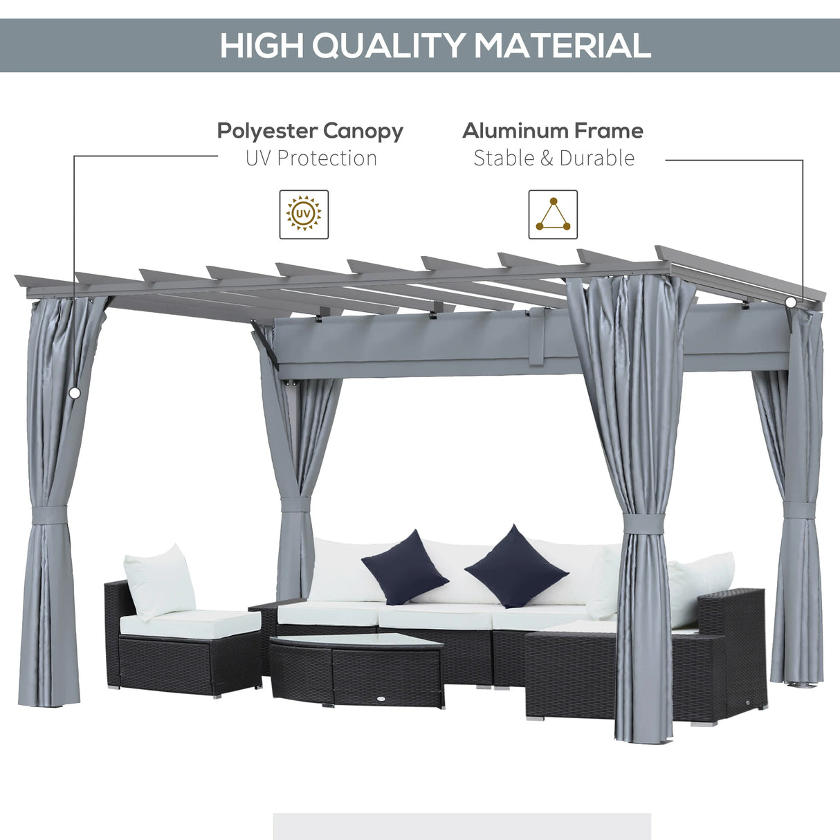 Outsunny 3.6 x 3(m) Outdoor Pergola with Retractable Roof and Curtains, Garden Gazebo Canopy Sun Shade Shelter with Aluminum Frame, Dark Grey