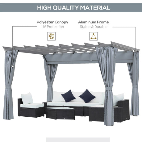 Outsunny 3.6 x 3(m) Outdoor Pergola with Retractable Roof and Curtains, Garden Gazebo Canopy Sun Shade Shelter with Aluminum Frame, Dark Grey