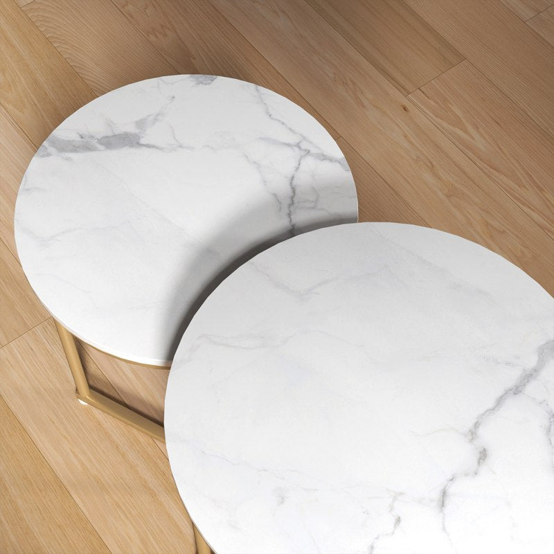 HOMCOM Set of Two Marble-Effect Nest of Tables - White/Gold-Tone