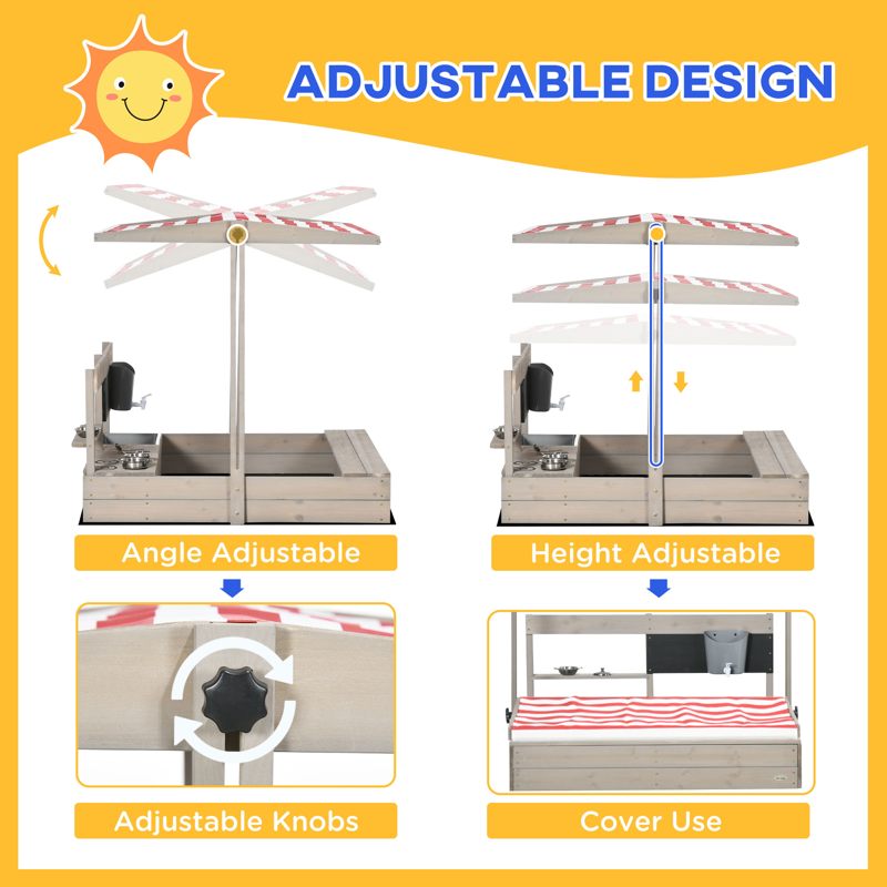 Outsunny Kids Wooden Sandbox w/ Canopy, Kitchen Toys, Seat, Storage, for Ages 3-7 Years