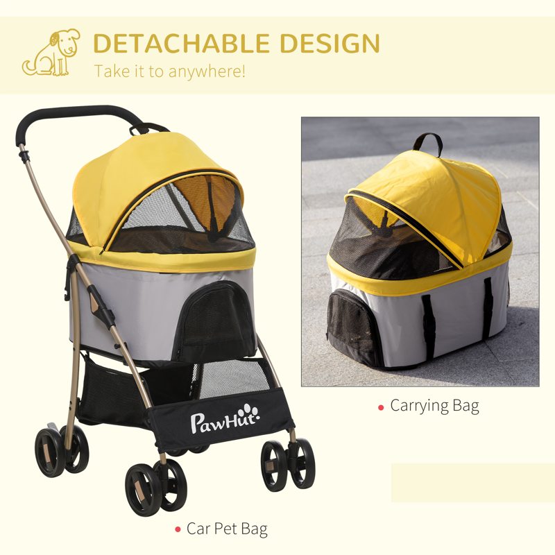 PawHut Detachable Pet Stroller with Rain Cover, 3 In 1 Cat Dog Pushchair, Foldable Carrying Bag w/ Universal Wheels, Brake, Canopy, Basket, Storage Bag for Small and Tiny Dogs - Yellow