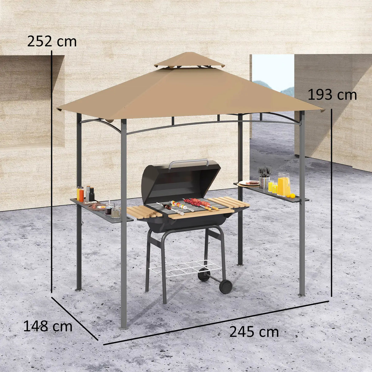 Outsunny 2.5x1.5m (8'x5') Grill Gazebo Canopy, Double Tiered Outdoor BBQ Gazebo Shelter with 2 Side Shelves for Garden, Patio, Barbecue, Picnic, Khaki