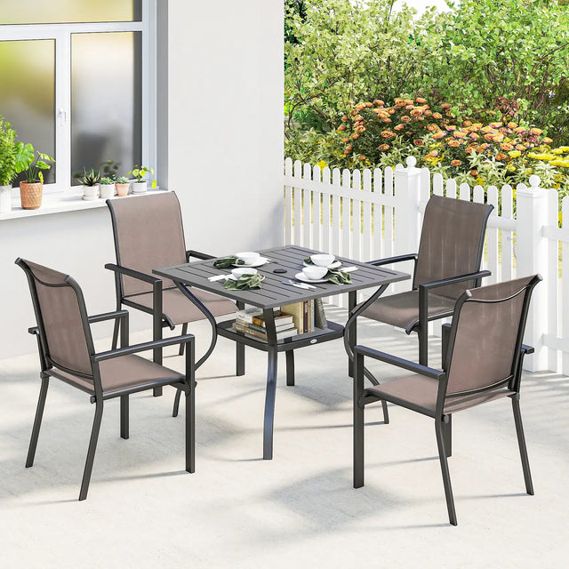 Outsunny 5 Pieces Outdoor Dining Set for 4, Garden Table and Stackable Chairs with Breathable Mesh Seat, Grey and Khaki