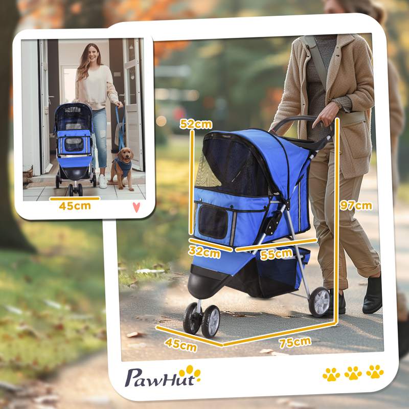 PawHut Dog Stroller, 3 Wheels Foldable Cat Dog Pram with Cup Holder, Storage Basket, Pet Stroller for Small Miniature Dogs, Blue