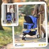 PawHut Dog Stroller, 3 Wheels Foldable Cat Dog Pram with Cup Holder, Storage Basket, Pet Stroller for Small Miniature Dogs, Blue