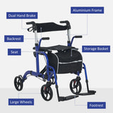 HOMCOM 2 in 1 Wheelchair Transport Chair & Folding Rollator Walker with Seat, Backrest, Footrest, Lightweight Walking Frame with Bag, Adjustable Height, 4 Wheeled Walker for Seniors, Pearl Blue