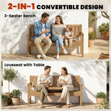 Outsunny Wooden Garden Bench with Liftable Table & Shelf, 2-3-Seater Outdoor Loveseat with Fir Wood Frame, Teak