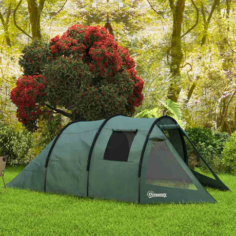 Outsunny Two Room Tunnel Tent Camping Tent for  3-4 Man with Windows, Covers, Carry Bag, for Fishing, Hiking, Sports, Green