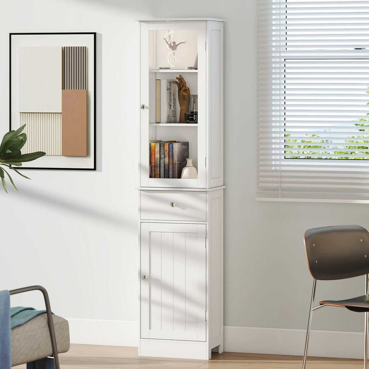 kleankin Bathroom Storage Cabinet with 3-tier Shelf Drawer Door, Floor Cabinet Free Standing Tall Slim Side Organizer Shelves, White