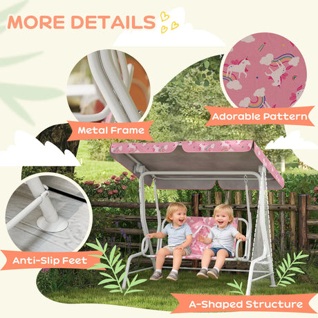 AIYAPLAY Kids Porch Swing, 2-Seater Patio Swing Bench Hammock with Seat Belts, Adjustable Canopy for Garden, Pink