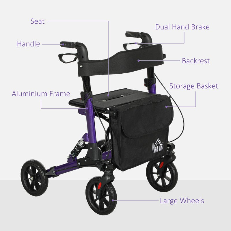 HOMCOM Folding Rollator Walker with Seat, Backrest, Lightweight Walking Frame with Storage Bag, Dual Brakes, Adjustable Handle Height, Suspension System, 4 Wheeled Walker for Seniors, Purple