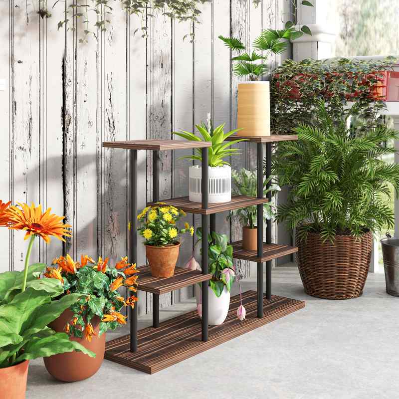 Outsunny Four-Tier Wooden Shelf Plant Stand