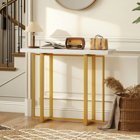 HOMCOM Console Table with Faux Marble Top, 100 cm Narrow Entryway Table with Anti-tipping Device, Steel Frame, White