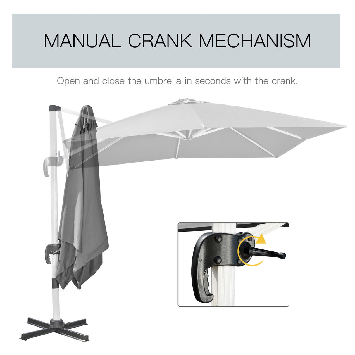 Outsunny 3 x 3(m) Cantilever Roma Parasol, Square Garden Umbrella with Cross Base, Crank Handle, Tilt, 360 Rotation and Aluminium Frame, Grey