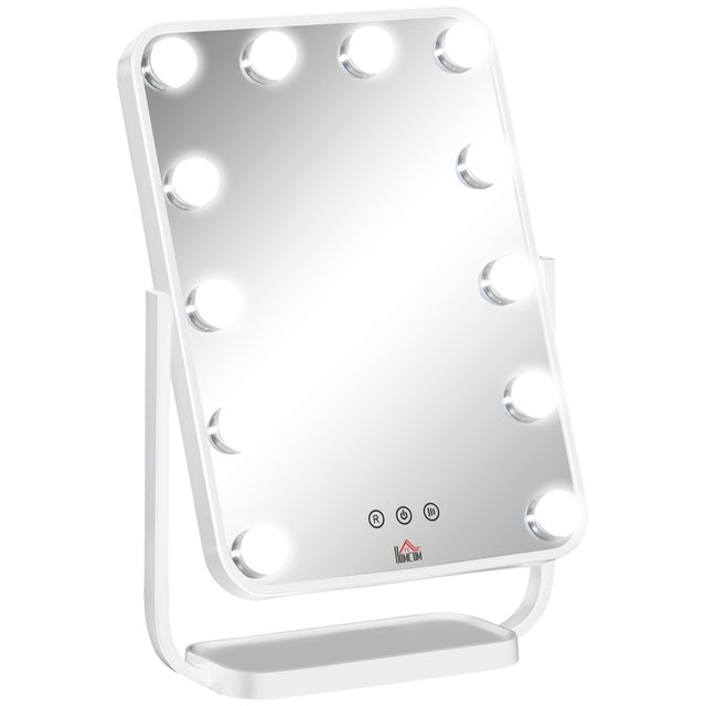 HOMCOM Hollywood Makeup Mirror with LED Lights, Tabletop Vanity Mirror with 12 Dimmable LED Bulbs, Memory Function and Metal Frame, White