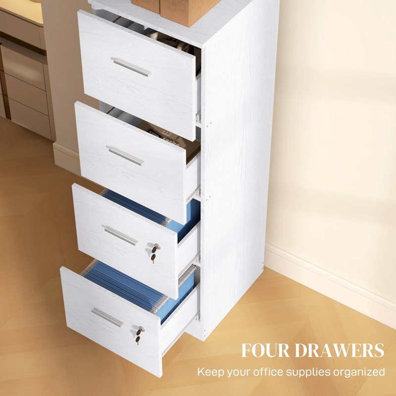 HOMCOM Four-Drawer Lockable Filing Cabinet - White Wood Effect