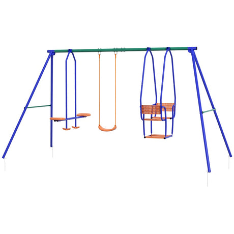 Outsunny Three-In-One Kids Metal Swing Set with Swing, Glider, Rocking Chair Swing, for Ages 3+ years - Orange and Blue