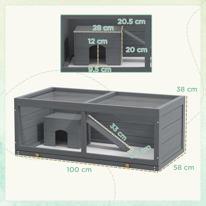 PawHut Wooden Hamster Cage with Sliding Tray, Openable Top, Hut for Syrian Hamsters, Grey