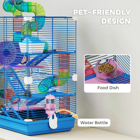 PawHut 5 Tier Hamster Cage Carrier Habitat w/ Exercise Wheels, Tunnel, Blue