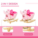 HOMCOM 2 In 1 Plush Baby Ride on Rocking Horse Elephant Rocker with Wheels Wooden Toy for Kids 32 Songs for 18+ Months (Pink)