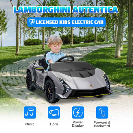 AIYAPLAY 12V Lamborghini Autentica Licensed Kids Electric Car with Remote Control, 4 Suspension Wheels, Soft Start, Grey