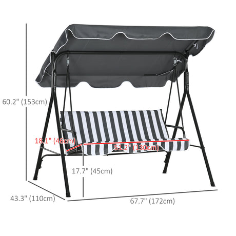 Outsunny 3 Seater Garden Swing Chair, Outdoor Swing Chair with Adjustable Canopy, Mental Frame & Cushions, Grey