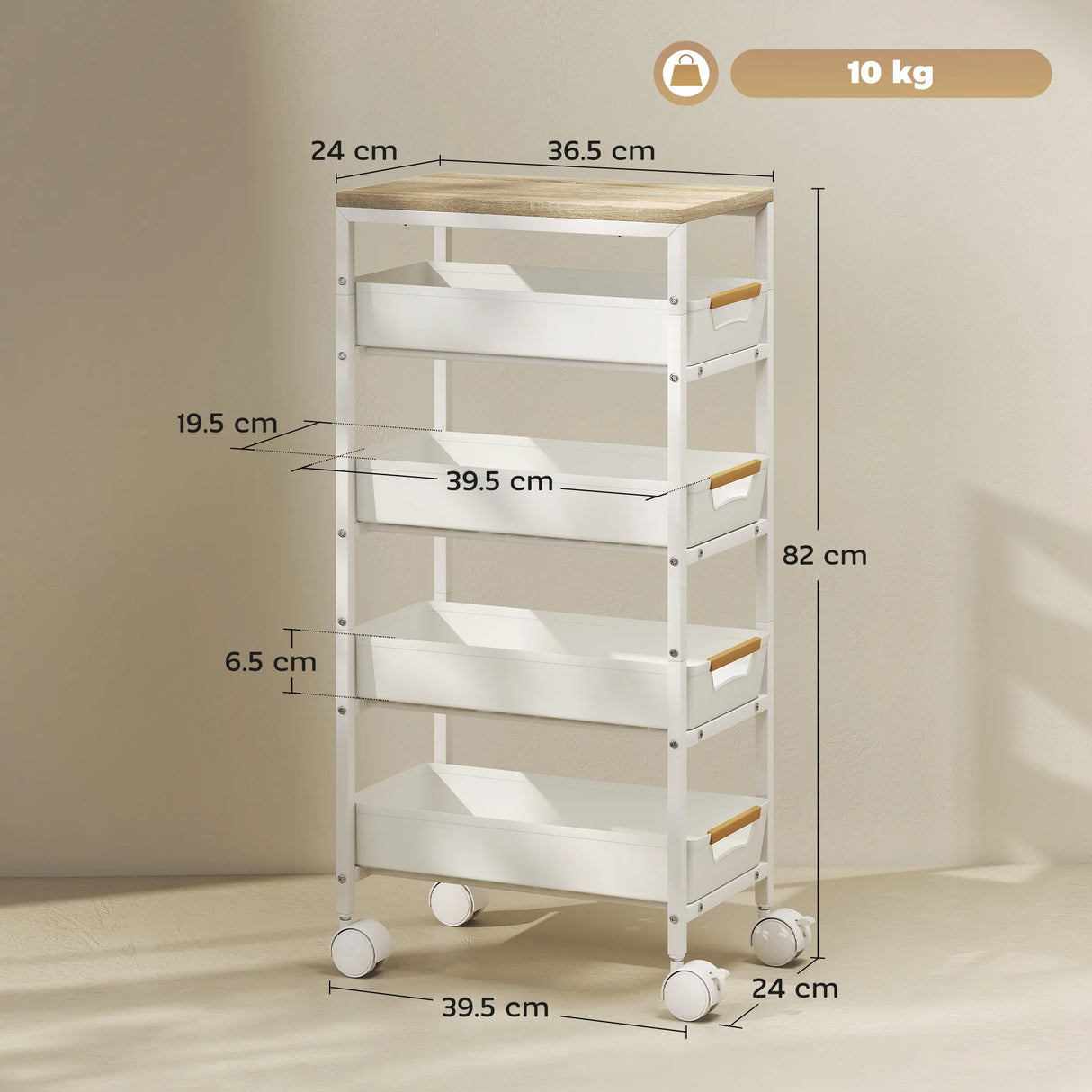 HOMCOM 5-Tier Storage Trolley on Wheels - White