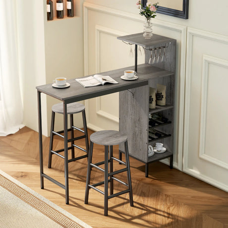 HOMCOM 3 Pieces Dining Room Set, 2 Round Stools with Footrest, 6-Tier Dining Table with Storage Shelves, Natural