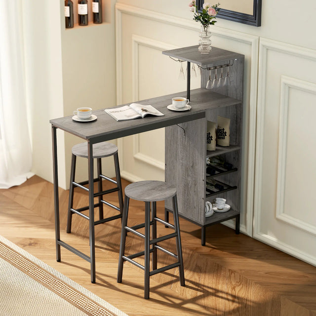 HOMCOM 3 Pieces Dining Room Set, 2 Round Stools with Footrest, 6-Tier Dining Table with Storage Shelves, Natural