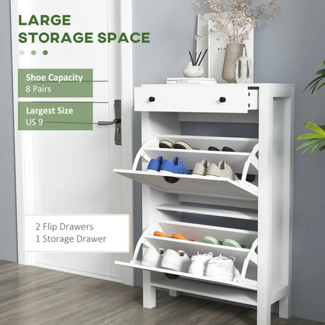 HOMCOM Narrow Shoe Cabinet with 2 Flip Drawers and Adjustable Shelves, White