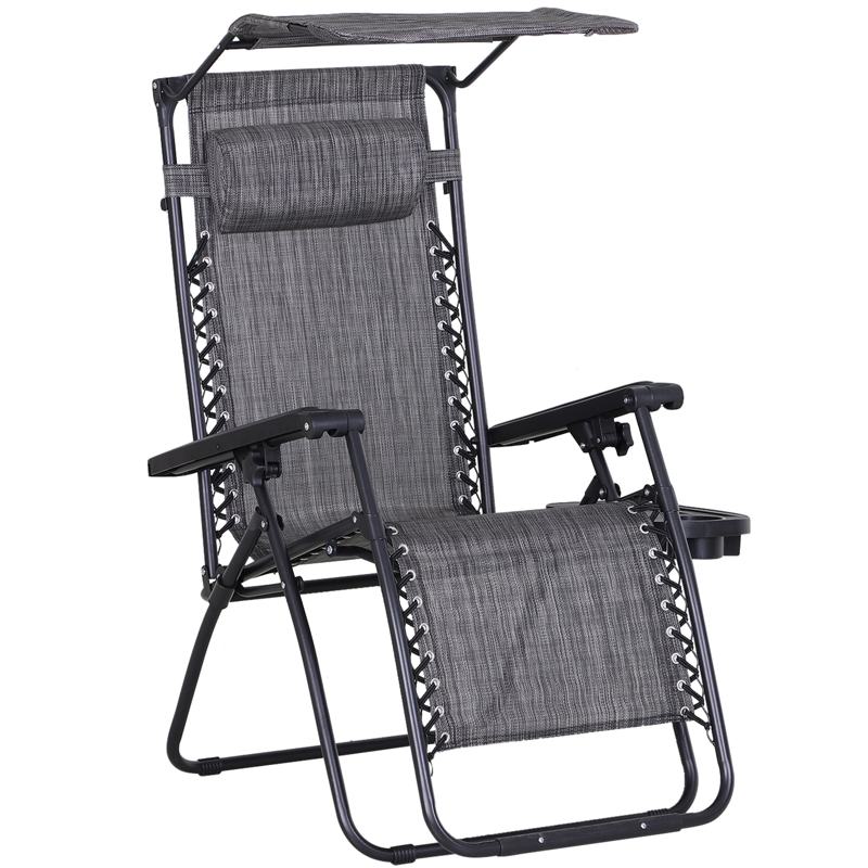 Outsunny Foldable Reclining Garden Chair with Headrest, Zero Gravity Deck Sun Lounger Seat Chair with Footrest, Armrest, Cup Holder & Canopy Shade, Grey