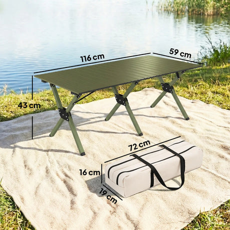 Outsunny 4ft Folding Camping Table, Waterproof Picnic Table with Roll Up Top and Metal Frame, Green