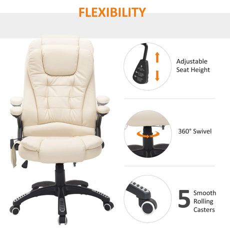HOMCOM 6-Point Massage Office Chair with Seat Heated for Home Office, PU Leather High Back Executive Desk Chair with Adjustable Height and 360 Swivel for Work Study, Beige