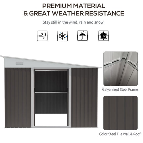 Outsunny 11.3 x 9.2ft Lean to Metal Garden Shed, Outdoor Galvanised Tool Storage House with Double Sliding Doors and 2 Air Vents, Grey