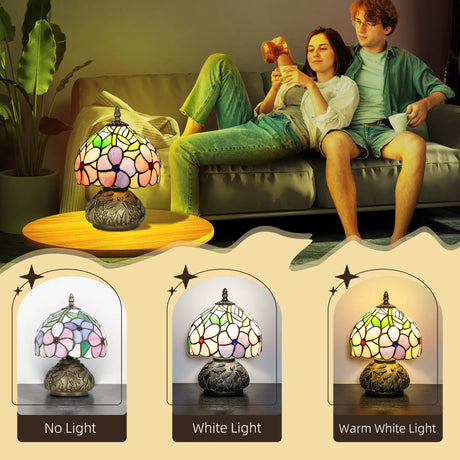 HOMCOM Tiffany-Style Table Lamp with Sculpted Dragonfly Base, Handcrafted Antique Stained Glass Bedside Lamp for Living Room and Bedroom, E27 Socket, Pink