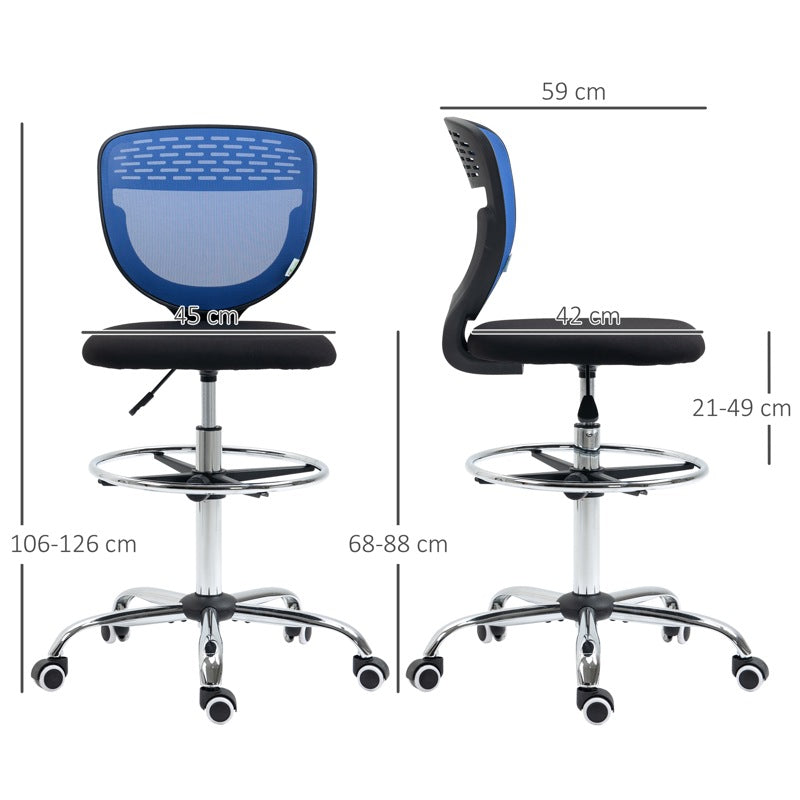 Vinsetto Drafting Chair, Swivel Office Draughtsman Chair, Mesh Standing Desk Chair with Adjustable Foot Ring, Armless, Dark Blue