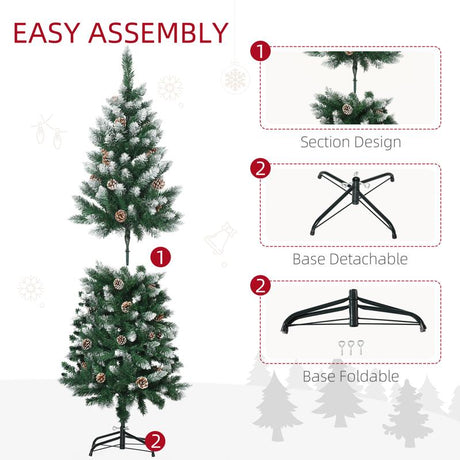 HOMCOM 5 Ft Snow Artificial Christmas Tree with Realistic Branches, Pine Cone, for Indoor Decoration, Green White